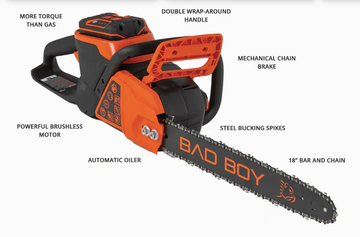 Bad Boy 80V Series chainsaw with 18-inch bar, brushless motor, and double wrap-around handle